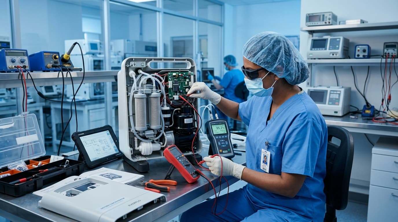 Biomedical laboratory technician repairing medical oxygen concentrator